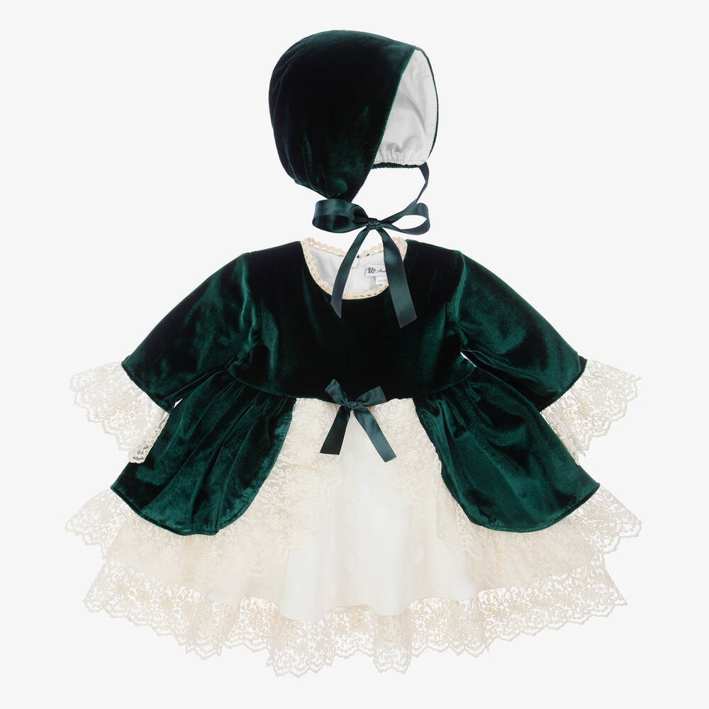 Andreeatex - Ensemble bonnet et robe vert en velours fille | Childrensalon