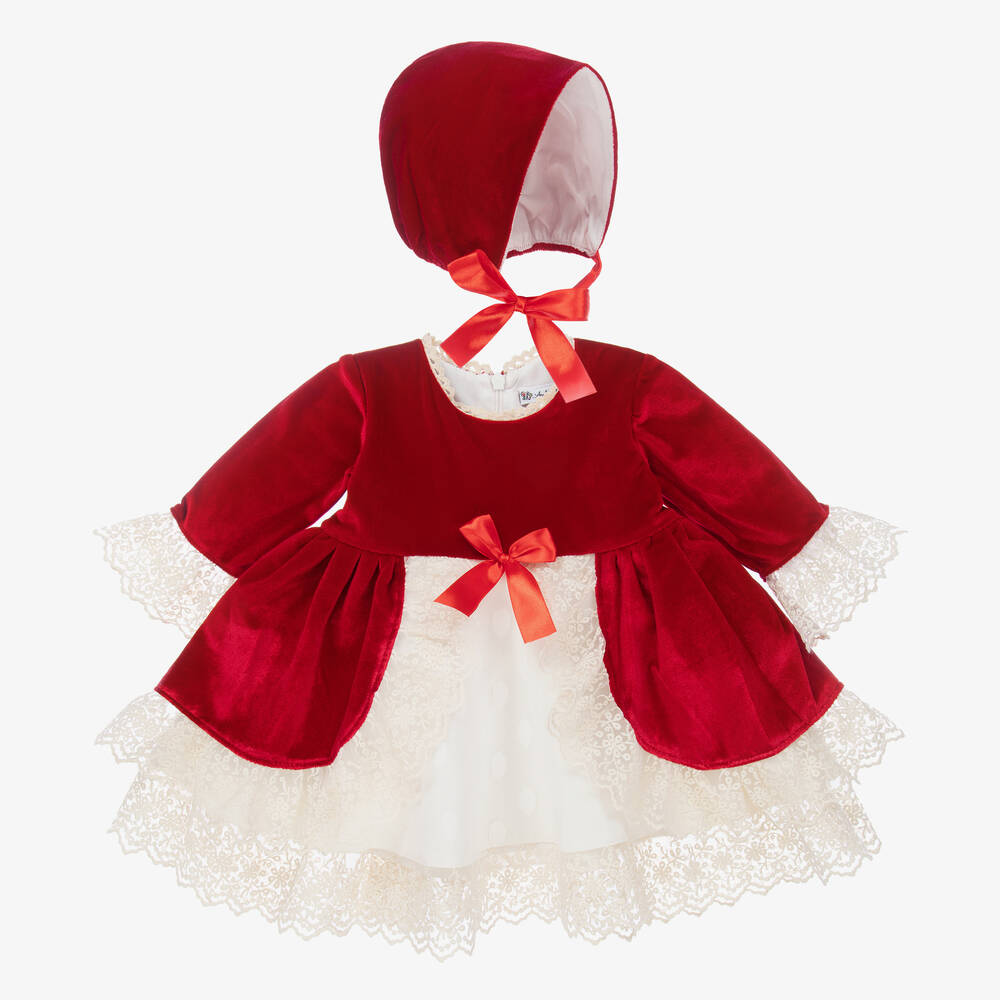Andreeatex - Rotes Samtkleid und Mütze im Set | Childrensalon
