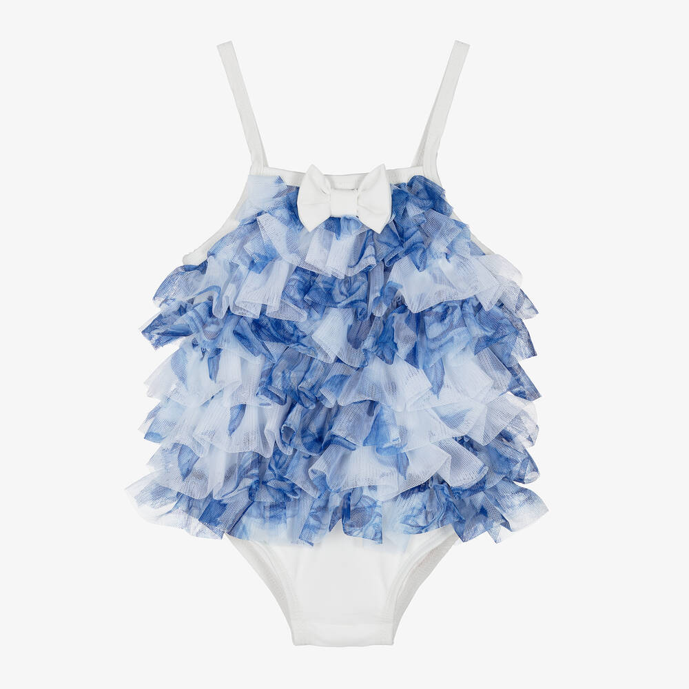 Angel's Face - Baby Girls Blue & White Frill Swimsuit (UPF50+) | Childrensalon
