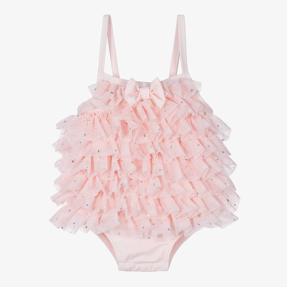 Angel's Face - Baby Girls Pale Pink Tulle Frill Swimsuit (UPF50+) | Childrensalon