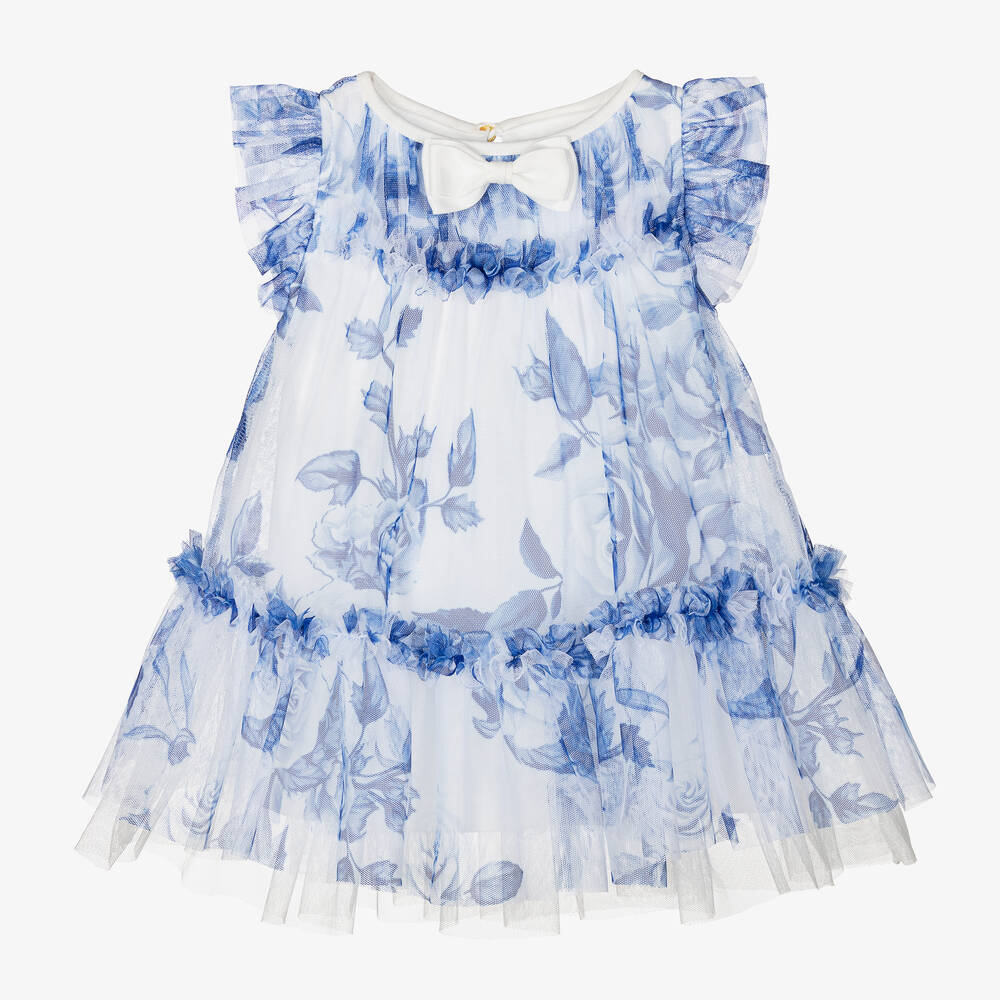 Angel's Face - Baby Girls White & Blue Floral Tulle Dress | Childrensalon