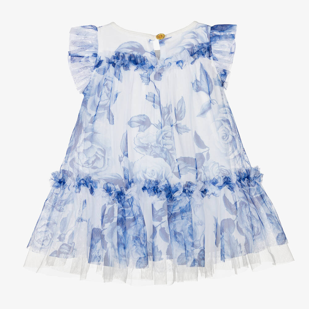 Angel's Face - Baby Girls White & Blue Floral Tulle Dress | Childrensalon