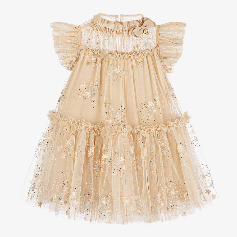 Angel's Face - Girls Beige Embroidered Tulle Dress | Childrensalon