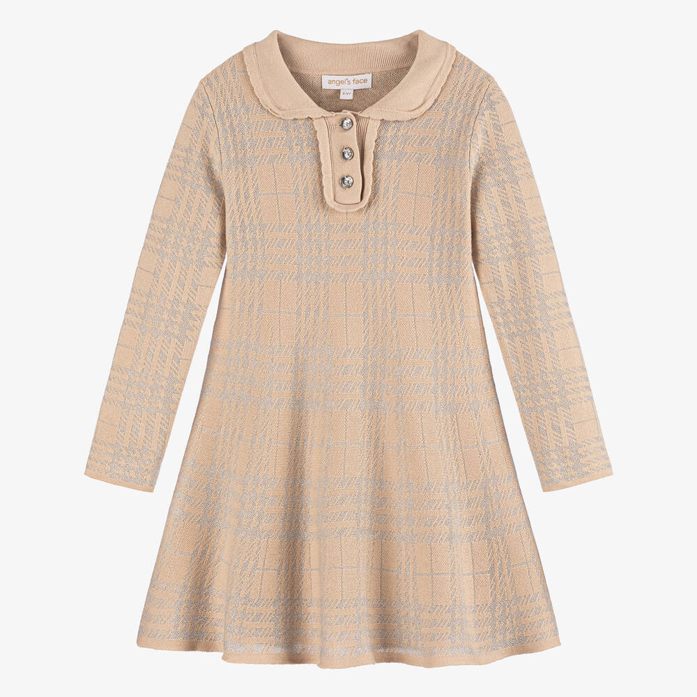 Angel's Face - Girls Beige Lurex Check Knitted Dress | Childrensalon