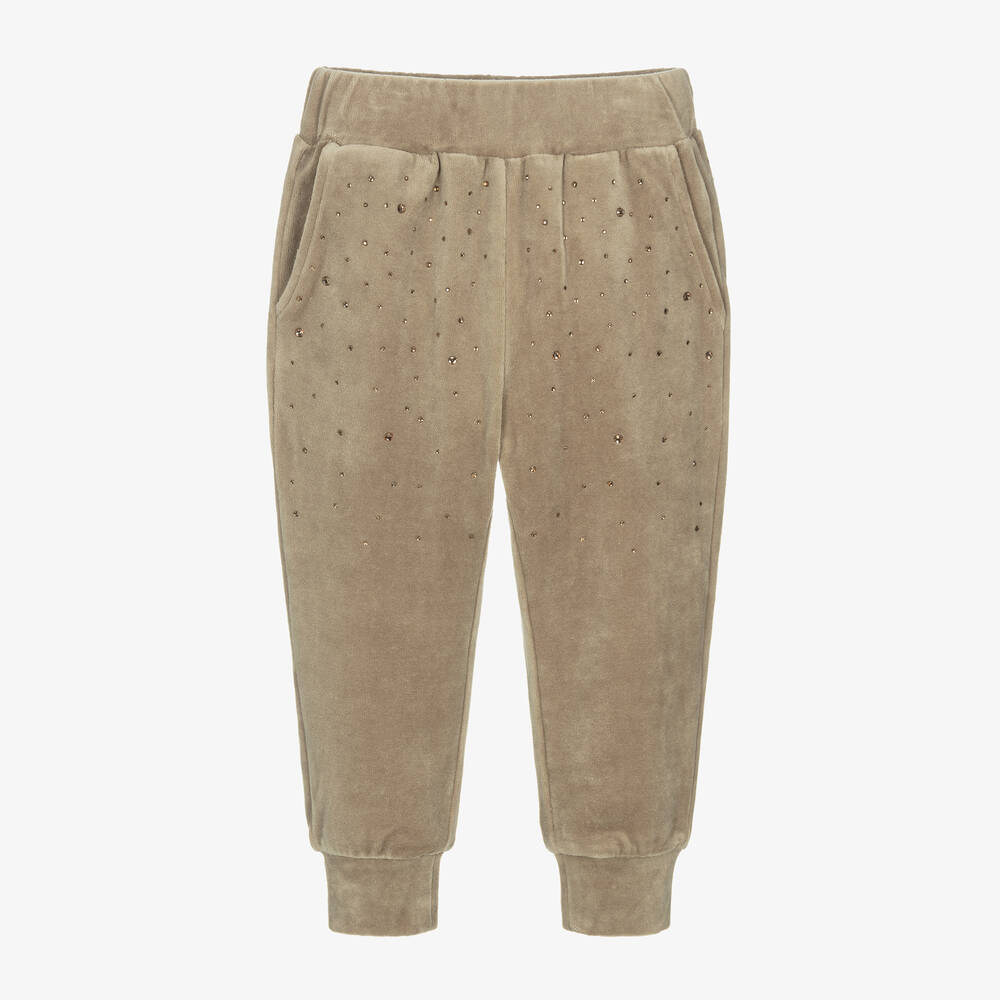 Angel's Face - Girls Beige Velour Diamanté Joggers | Childrensalon