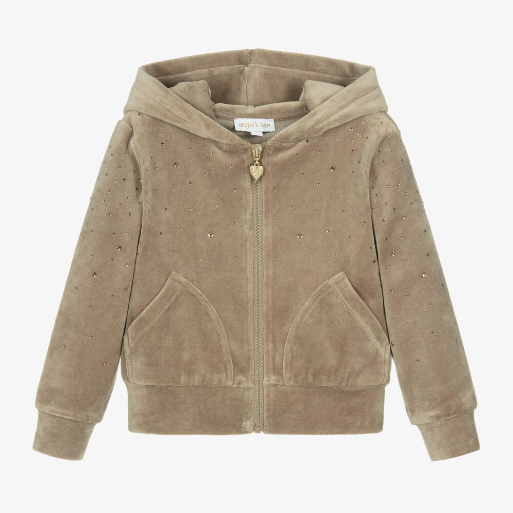 Angel's Face - Girls Beige Velour Diamanté Zip-Up Top | Childrensalon