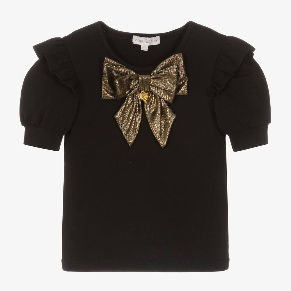 Angel's Face - Girls Black Cotton Bow T-Shirt | Childrensalon