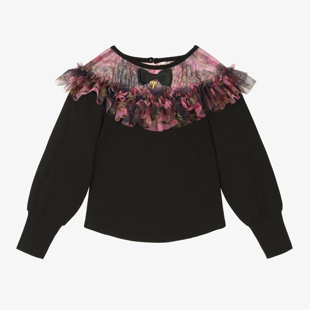 Angel's Face - Girls Black Cotton & Floral Tulle Top | Childrensalon