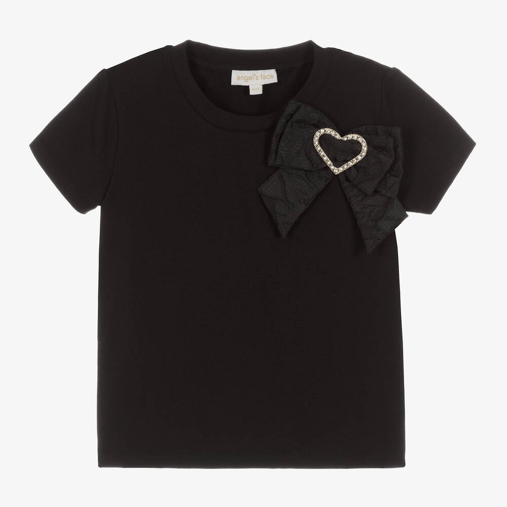 Angel's Face Kids'  Girls Black Cotton Jacquard Heart Bow T-shirt