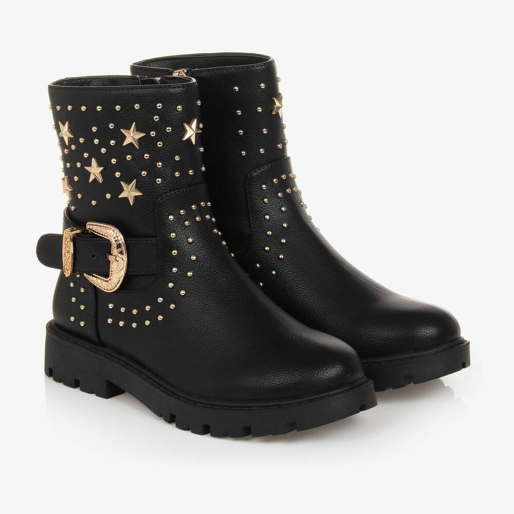 Angel's Face - Girls Black & Gold Studded Faux Leather Boots | Childrensalon