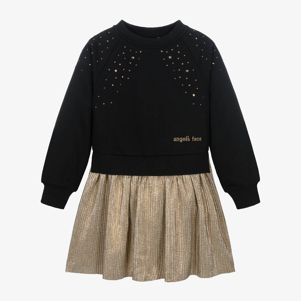 Angel's Face - Girls Black & Gold Sweatshirt Dress | Childrensalon