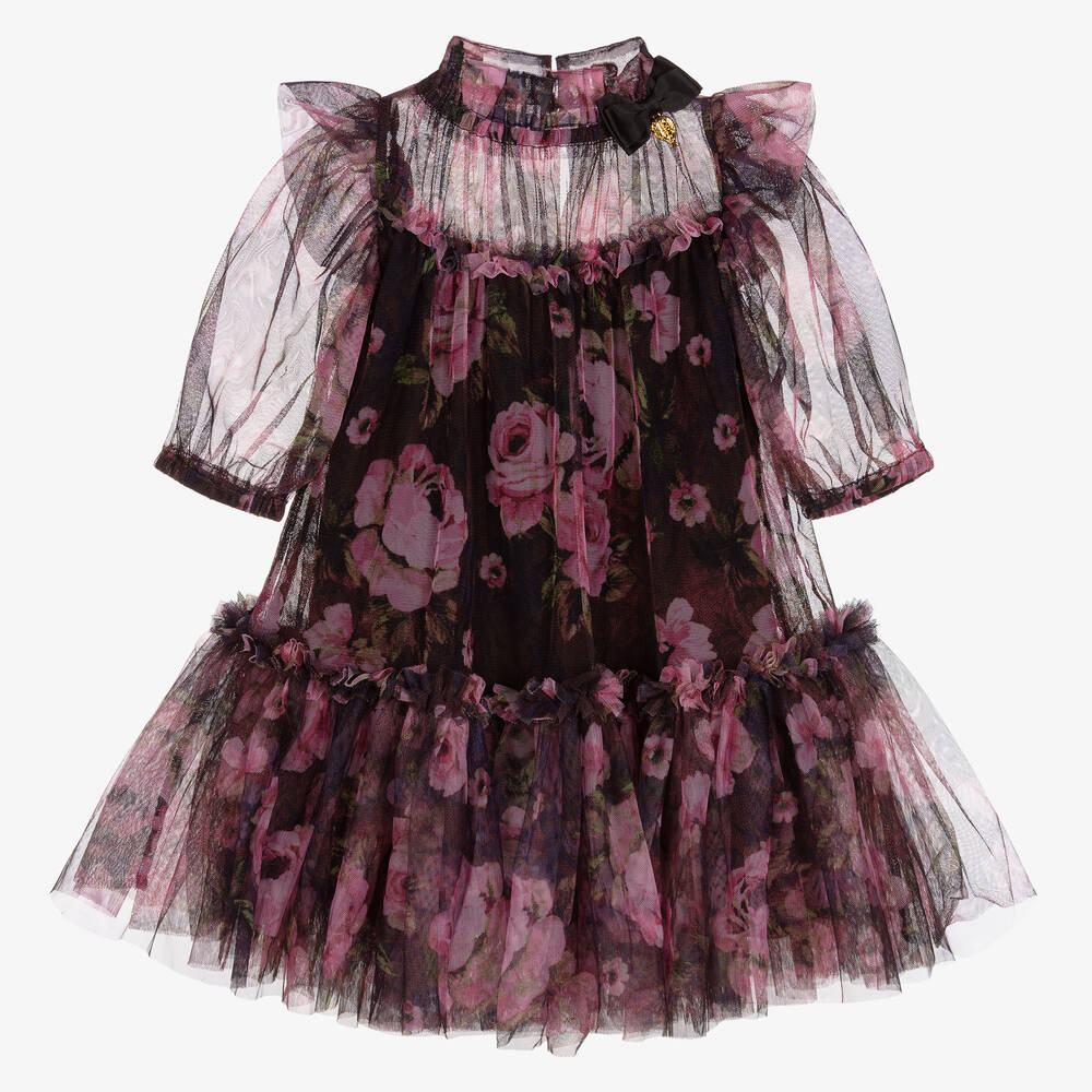 Angel's Face - Girls Black & Pink Rose Tulle Dress | Childrensalon