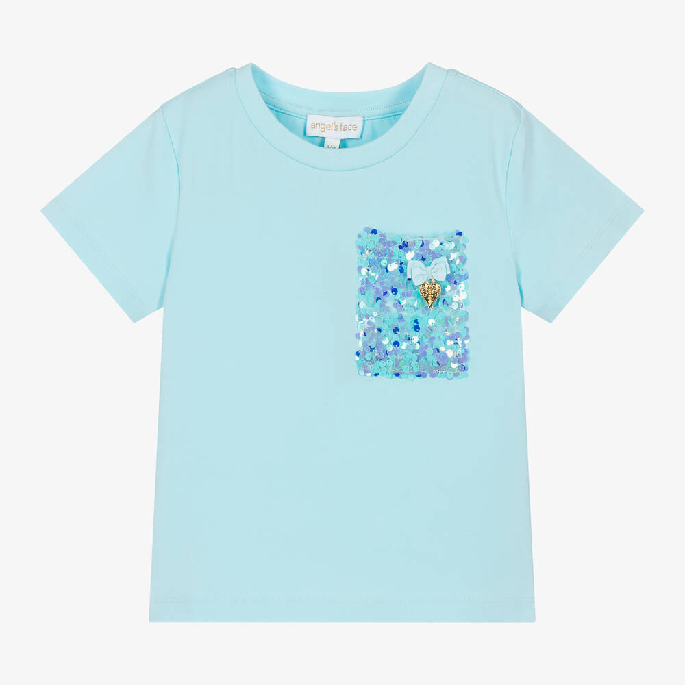 Angel's Face - Girls Blue Cotton Sequin T-Shirt | Childrensalon