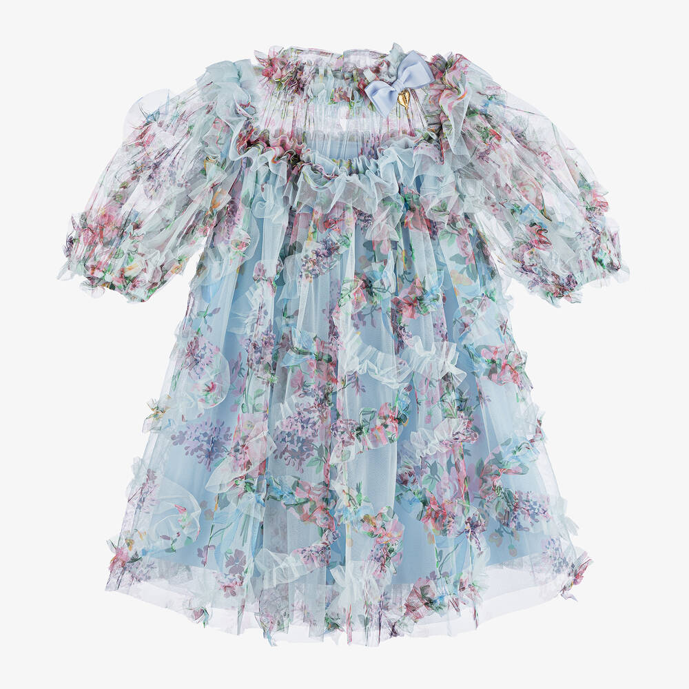 Angel's Face - Girls Blue Floral Print Tulle Dress | Childrensalon