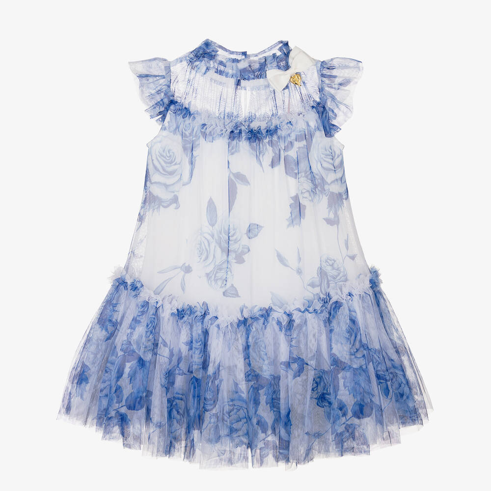Angel's Face - Girls Blue Floral Tulle Dress | Childrensalon