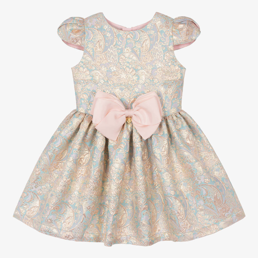 Angel's Face - Girls Gold & Blue Floral Jacquard Dress | Childrensalon