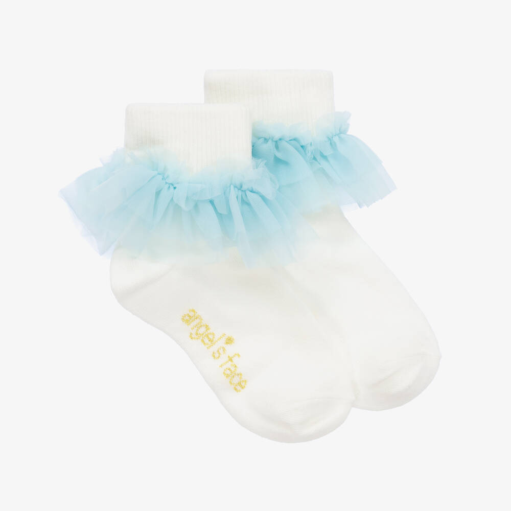 Angel's Face - Girls Ivory & Blue Ruffle Ankle Socks | Childrensalon
