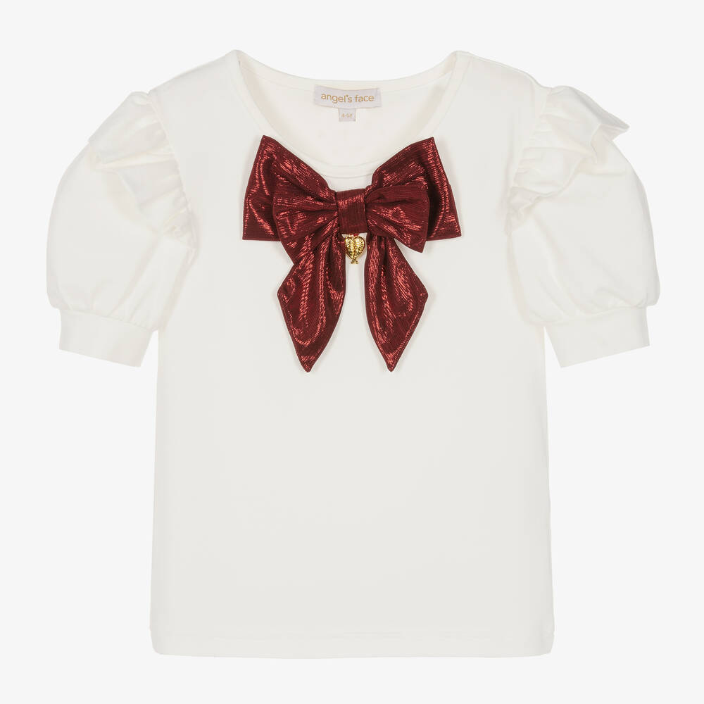 Angel's Face - Girls Ivory Cotton Bow T-Shirt | Childrensalon