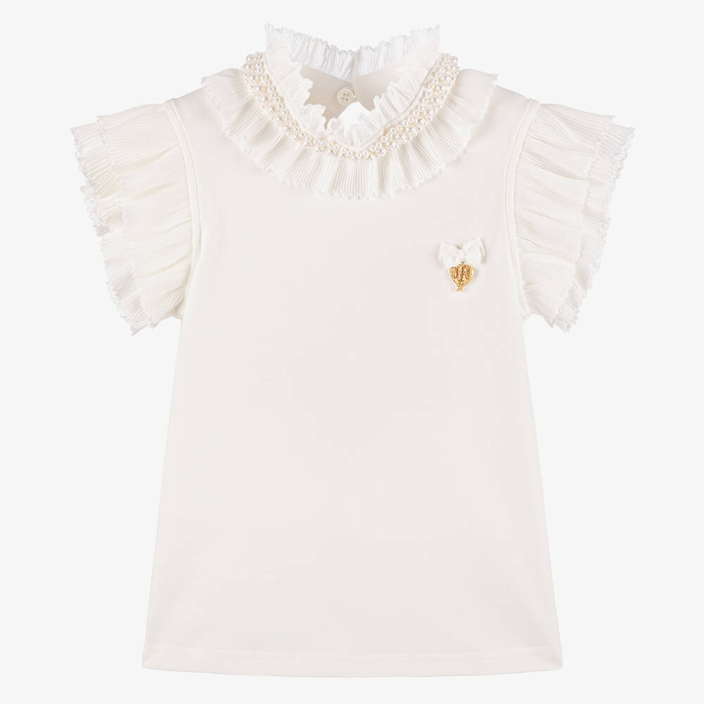 Angel's Face - Girls Ivory Cotton Pearl Blouse | Childrensalon