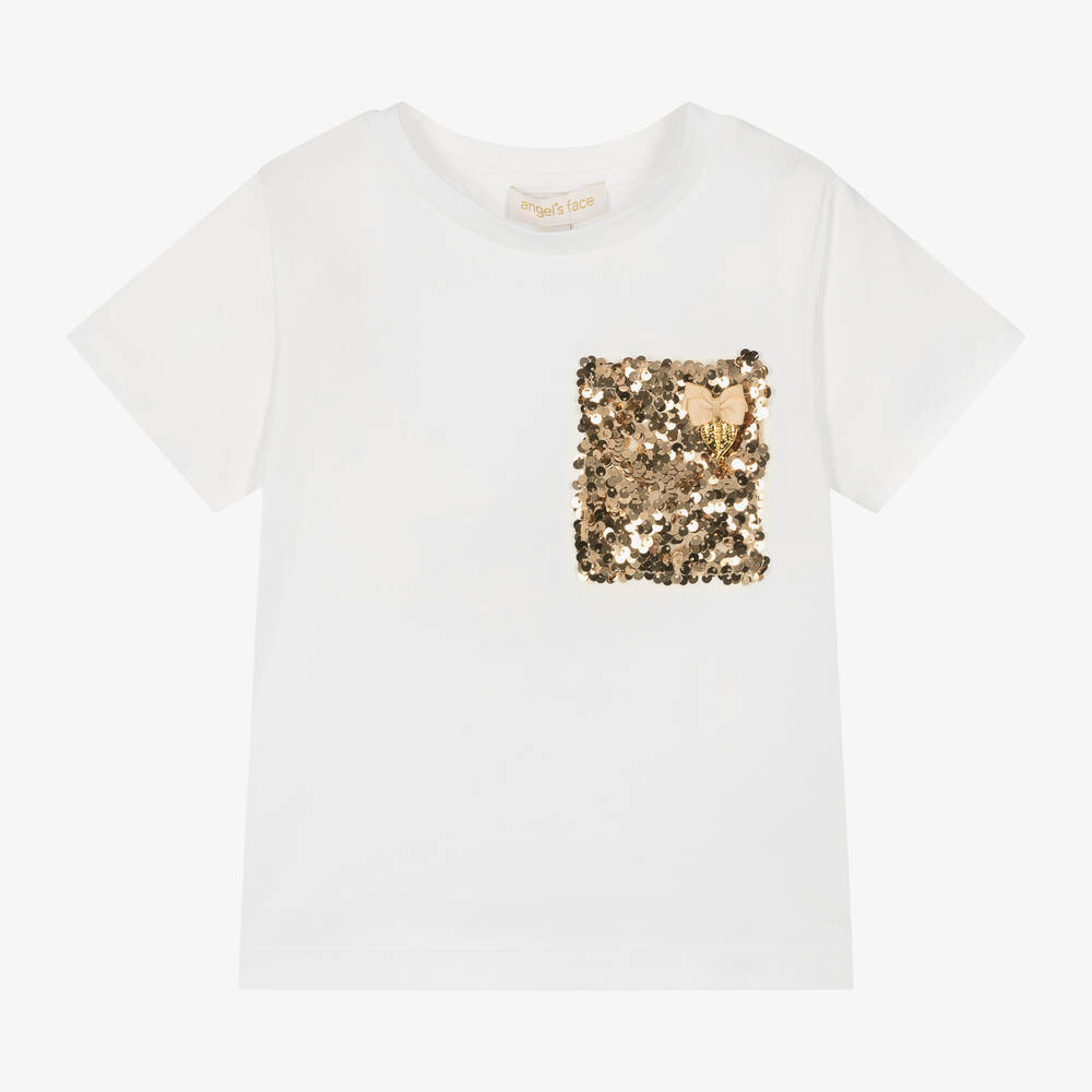 Angel's Face - Girls Ivory Cotton Sequin T-Shirt | Childrensalon