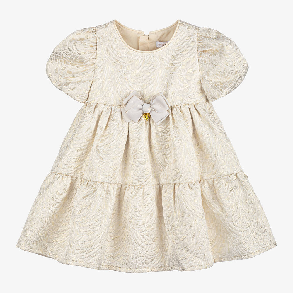 Angel's Face - Girls Ivory & Gold Jacquard Bow Dress | Childrensalon