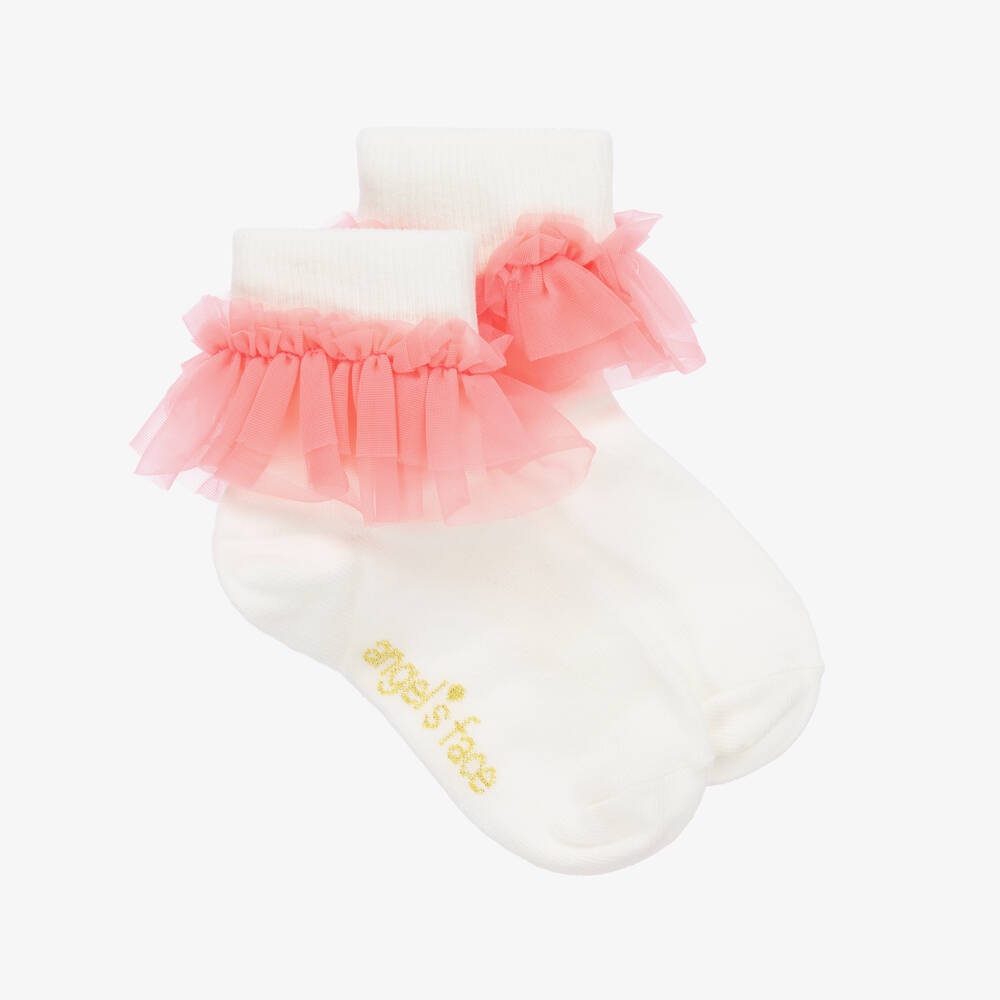 Angel's Face - Girls Ivory & Pink Ruffle Ankle Socks | Childrensalon
