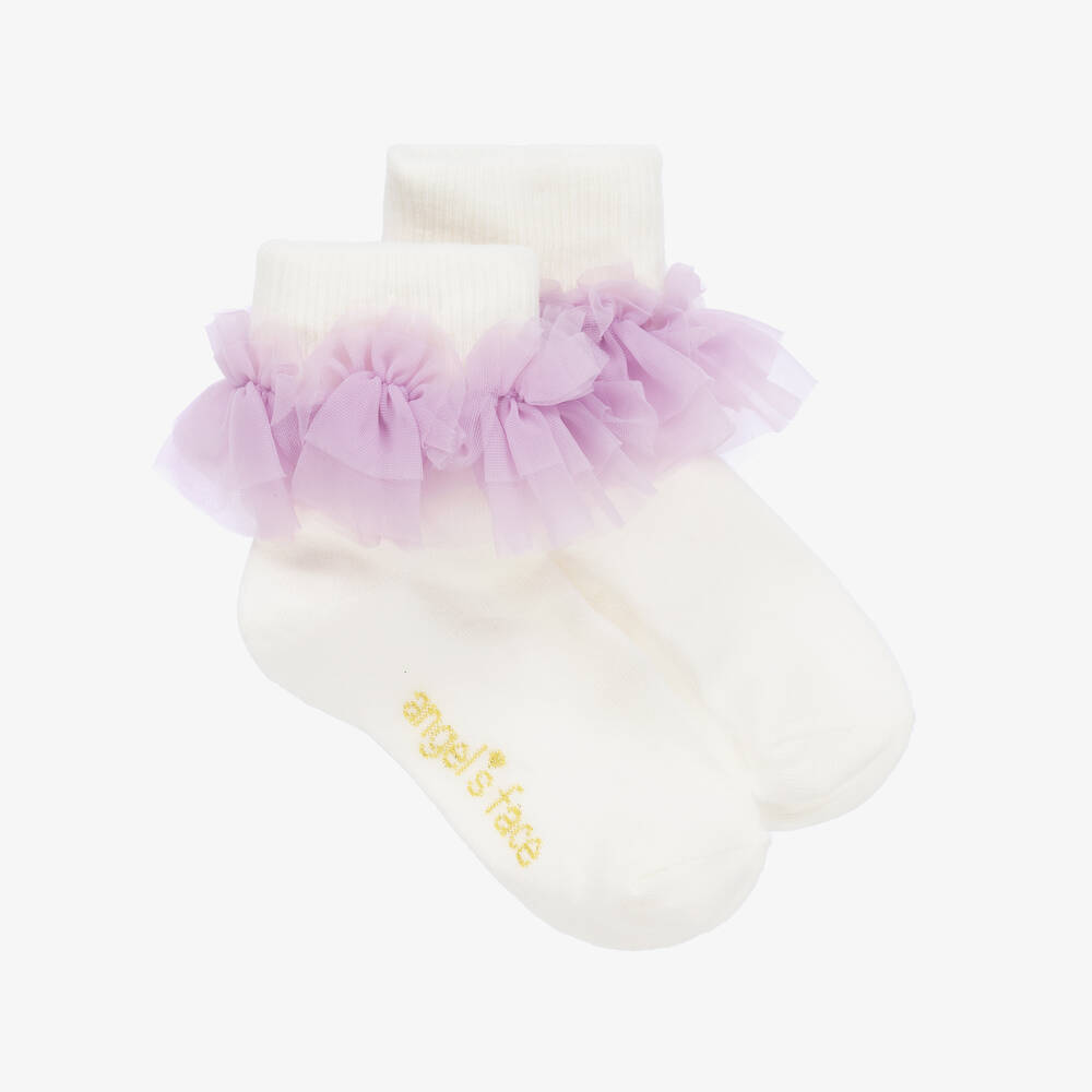 Angel's Face - Girls Ivory & Purple Ruffle Ankle Socks | Childrensalon