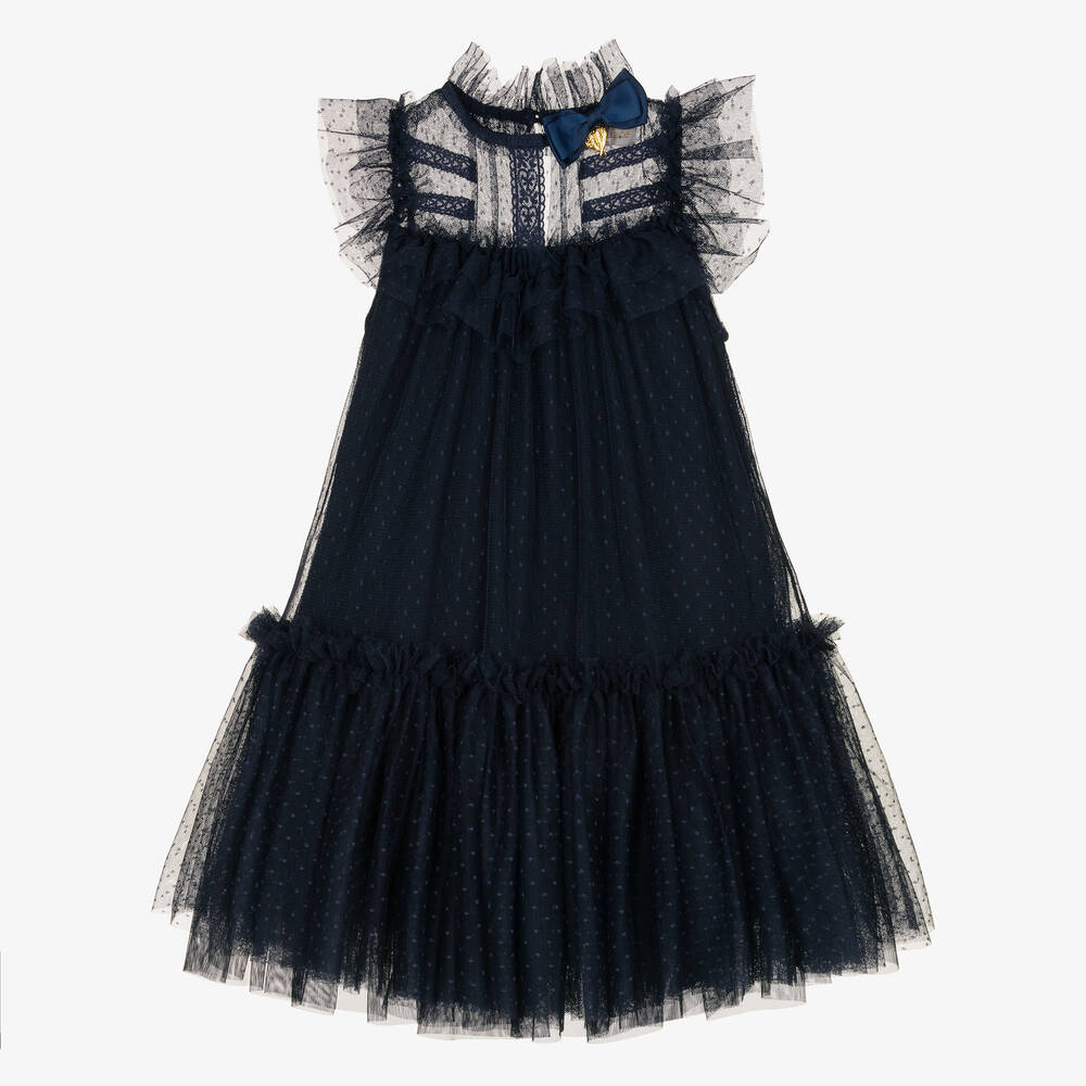 Angel's Face - Girls Navy Blue Spotted Tulle Dress | Childrensalon