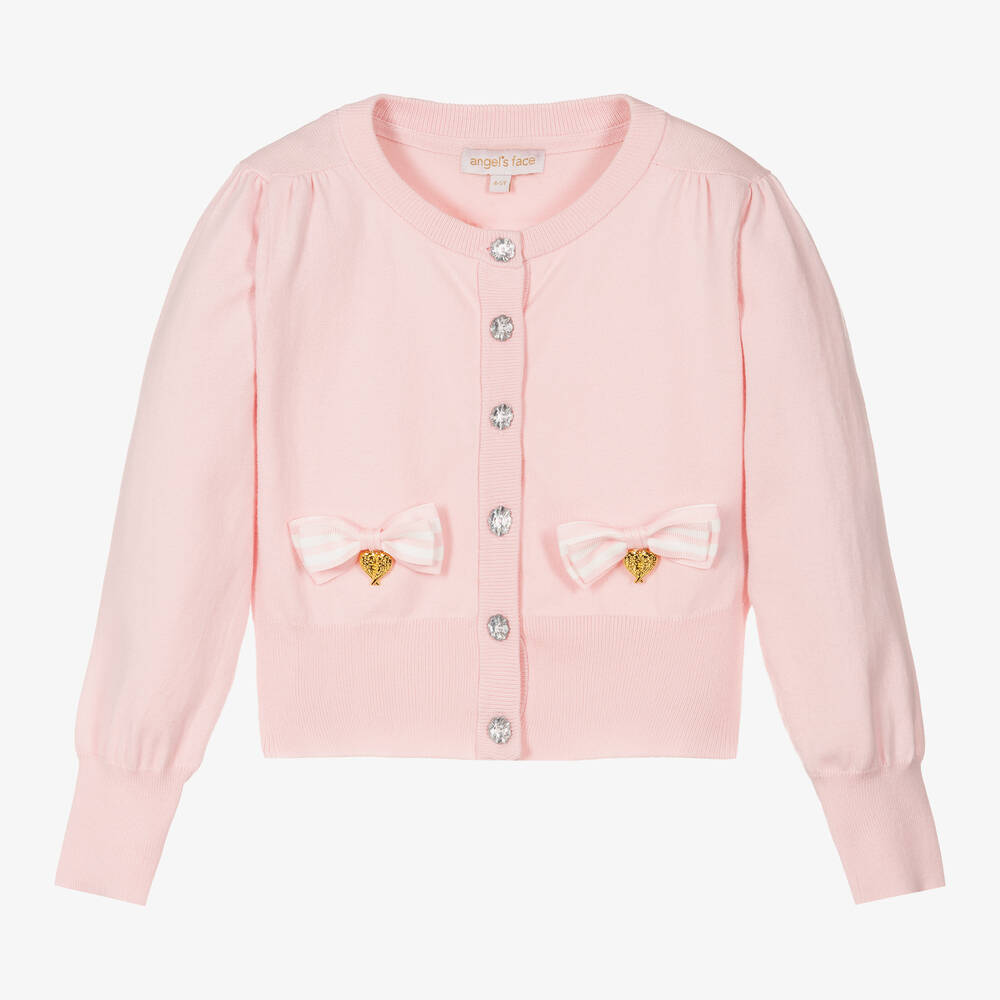 Angel's Face - Girls Pale Pink Cotton Bow Cardigan | Childrensalon