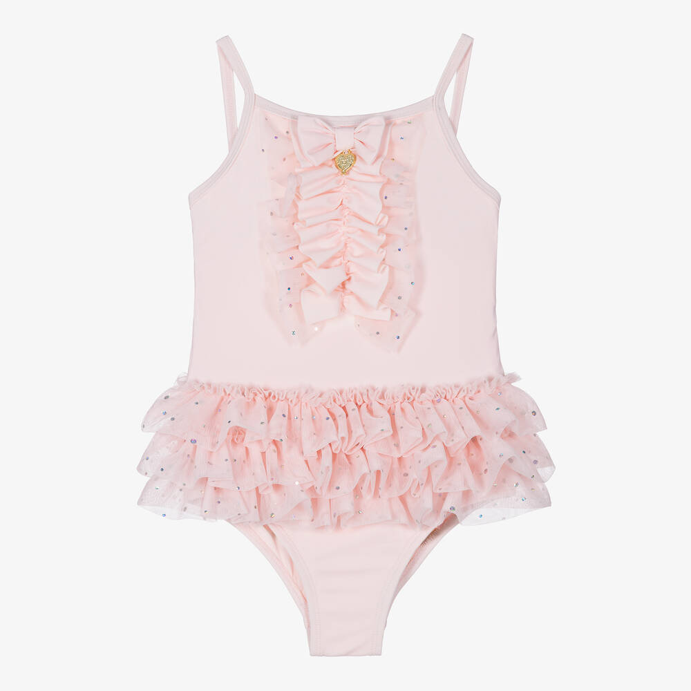 Angel's Face - Girls Pale Pink Frilled Swimsuit (UPF50+)  | Childrensalon