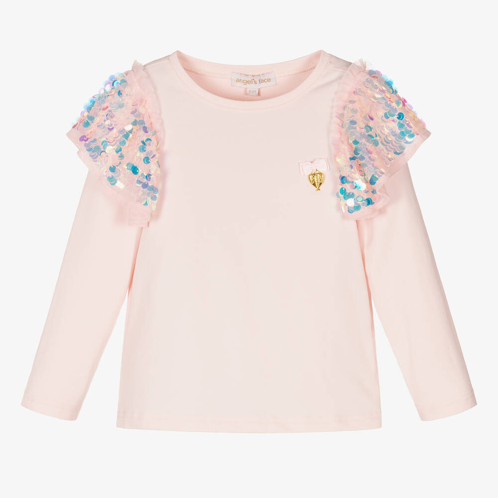 Angel's Face - Girls Pink Cotton Sequin Top | Childrensalon