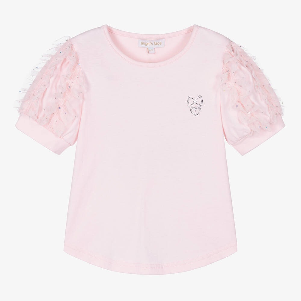 Angel's Face - Girls Pink Cotton & Tulle Frill T-Shirt | Childrensalon