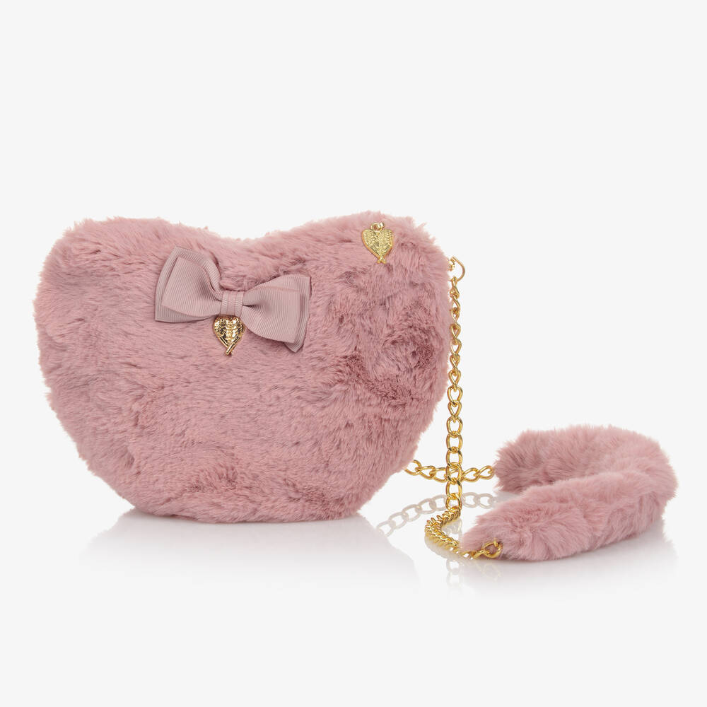 Angel's Face - Girls Pink Faux Fur Heart Bag (20cm) | Childrensalon