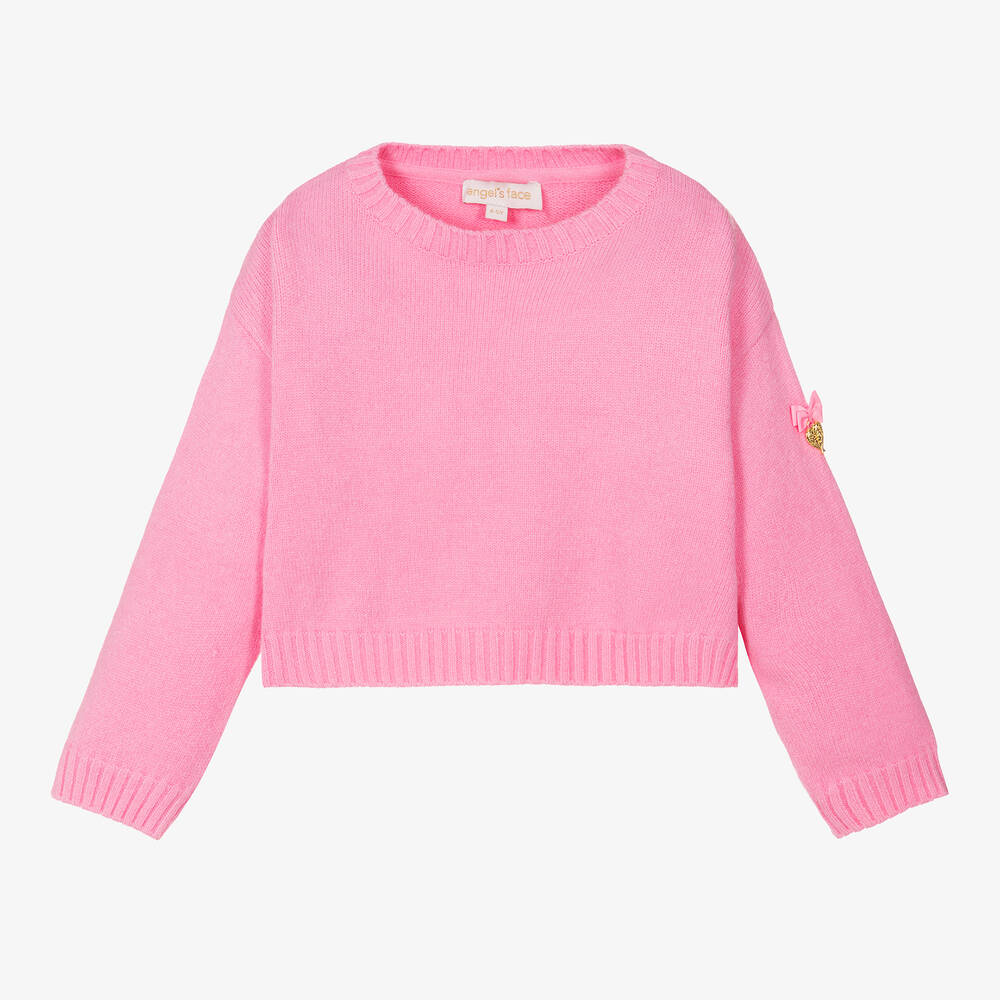 Angel's Face - Girls Pink Knit Diamanté Butterfly Sweater | Childrensalon