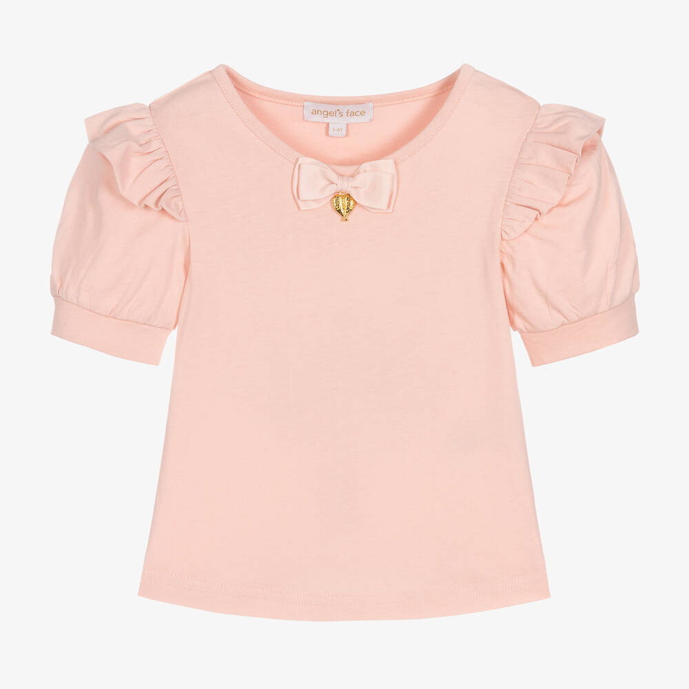 Angel's Face - Girls Pink Ruffle Cotton T-Shirt | Childrensalon