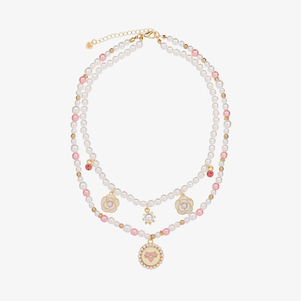 Angel's Face - Girls Pink & White Pearl Necklace (41cm) | Childrensalon