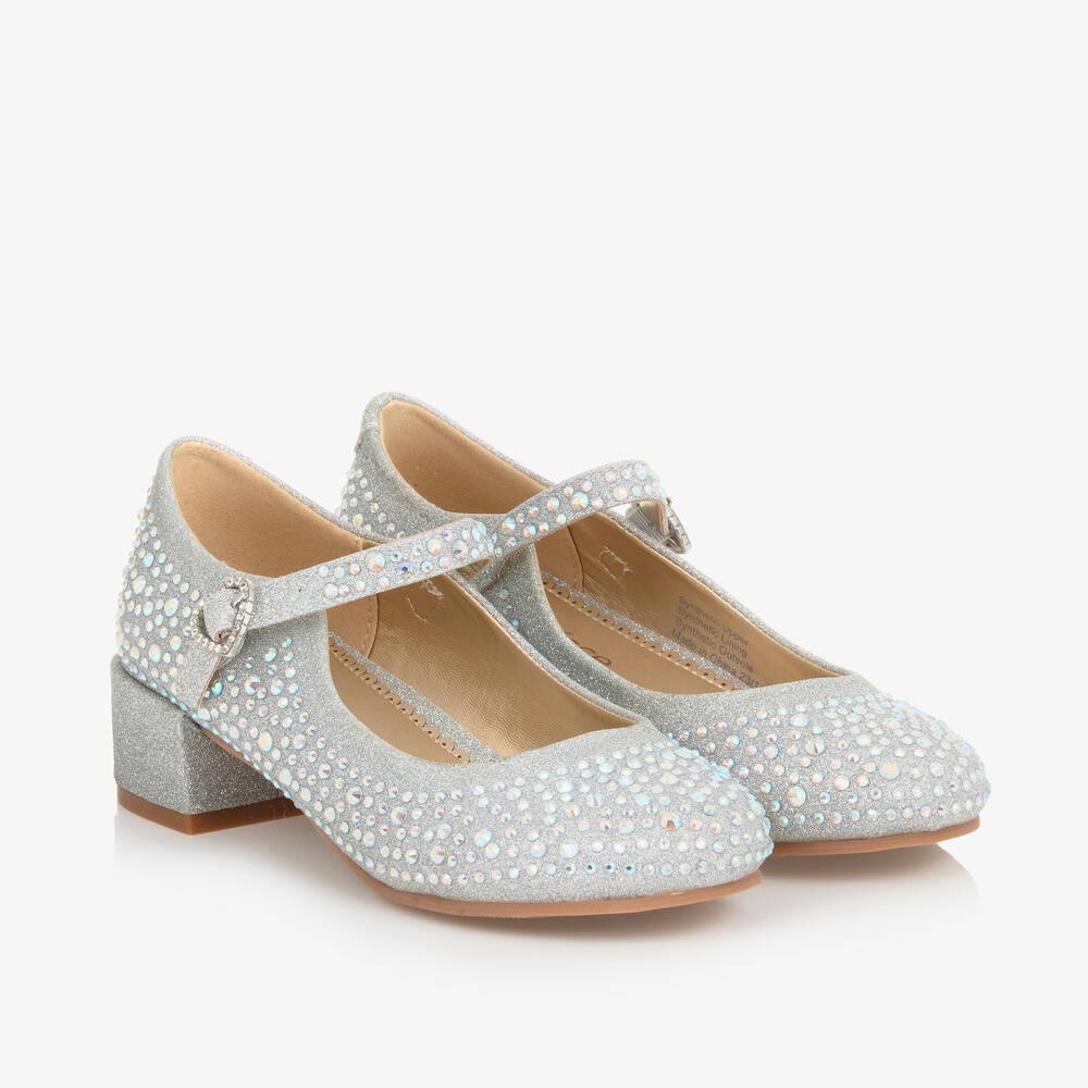 Angel's Face - Girls Silver Glitter & Diamanté Heeled Bar Shoes | Childrensalon