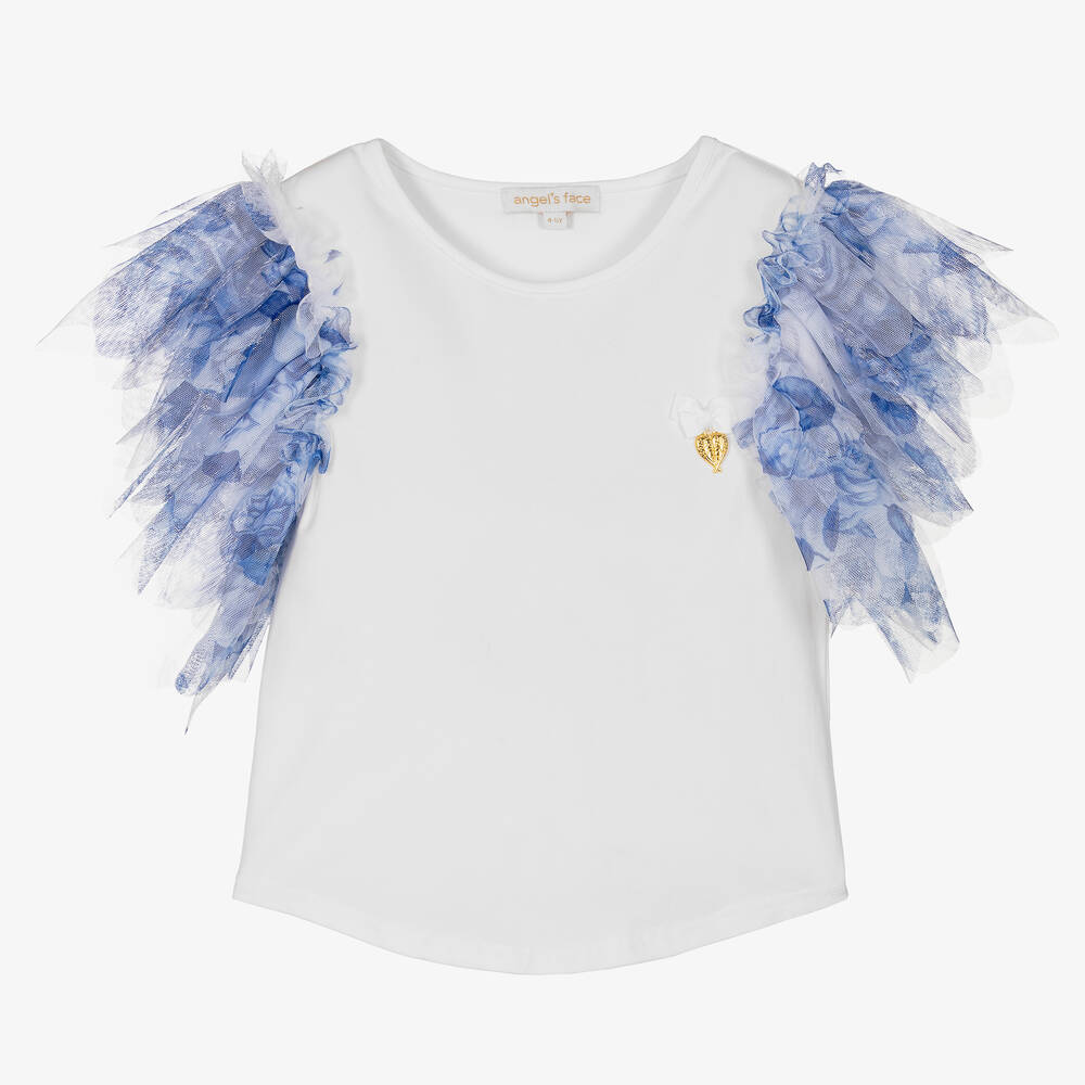 Angel's Face - Girls White & Blue Tulle Sleeve Top | Childrensalon