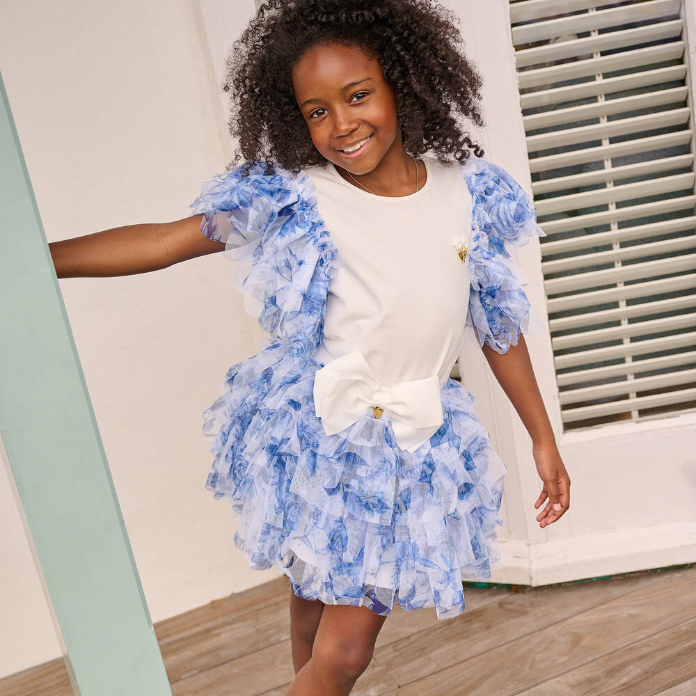 Angel's Face-Girls White & Blue Tulle Sleeve Top | Childrensalon