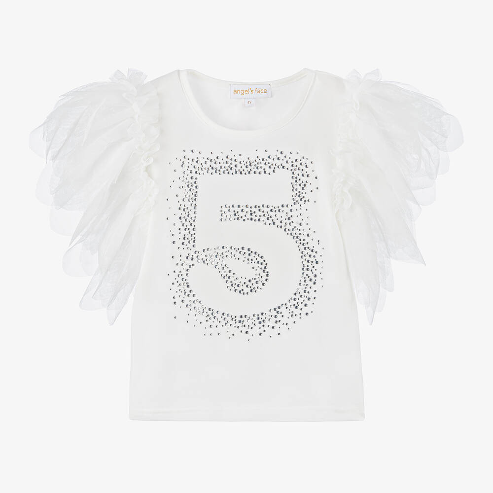 Angel's Face - Girls White Cotton 5th Birthday T-Shirt | Childrensalon