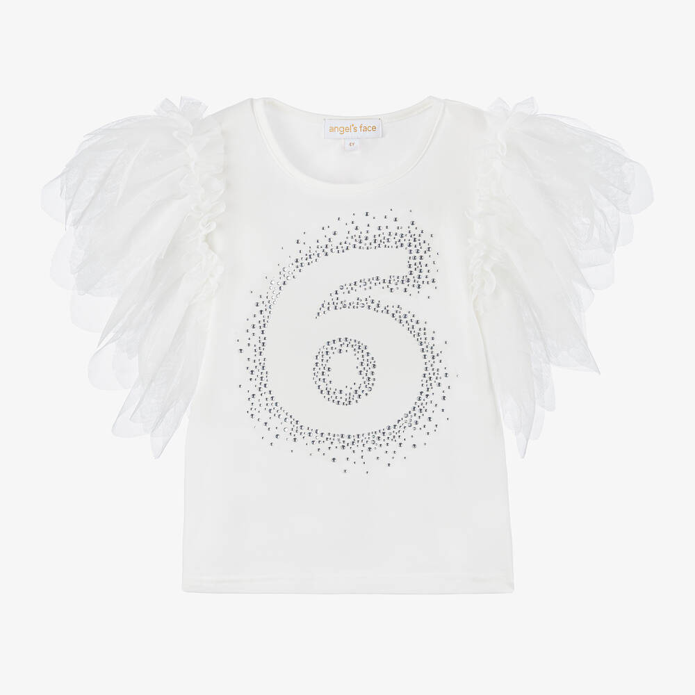 Angel's Face - Girls White Cotton 6th Birthday T-Shirt | Childrensalon