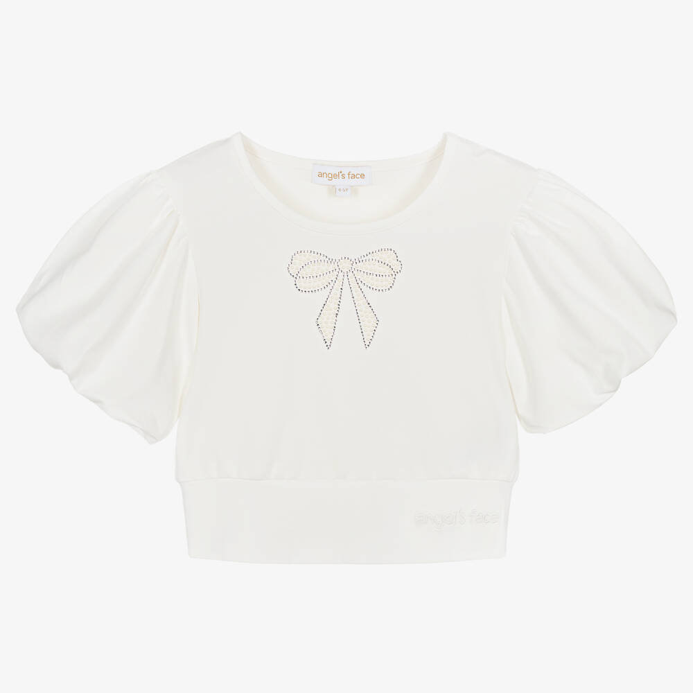 Angel's Face - Girls White Cotton Cropped T-Shirt | Childrensalon