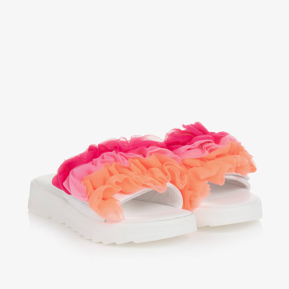 Angel's Face - Girls White & Fuchsia Pink Ruffle Sliders | Childrensalon