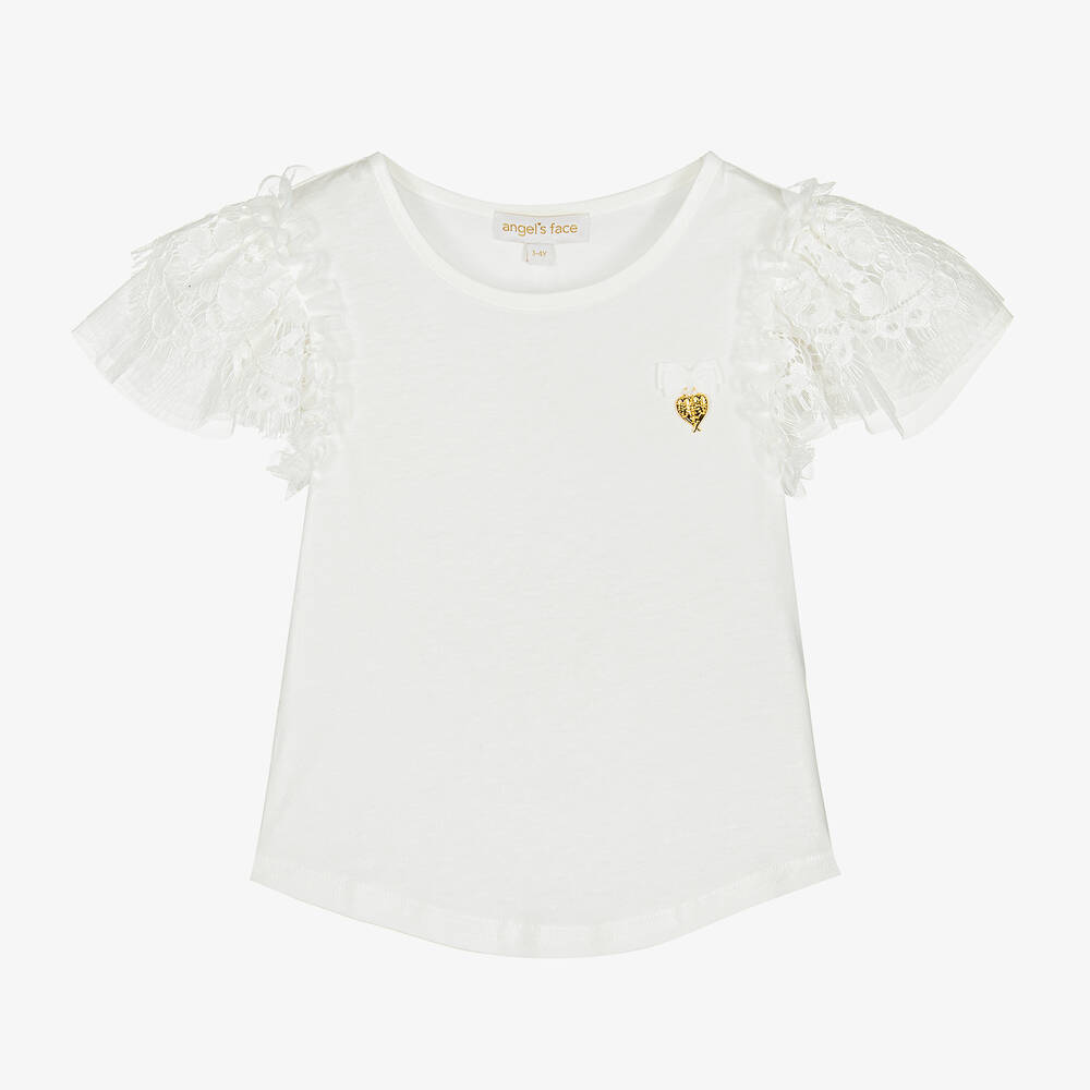 Angel's Face - Girls White Lace Sleeve Top | Childrensalon