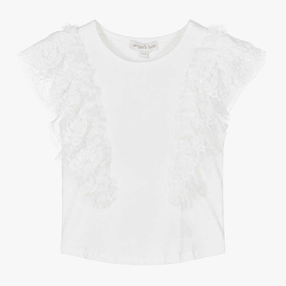 Angel's Face - Girls White Lace & Tulle Sleeve T-Shirt | Childrensalon