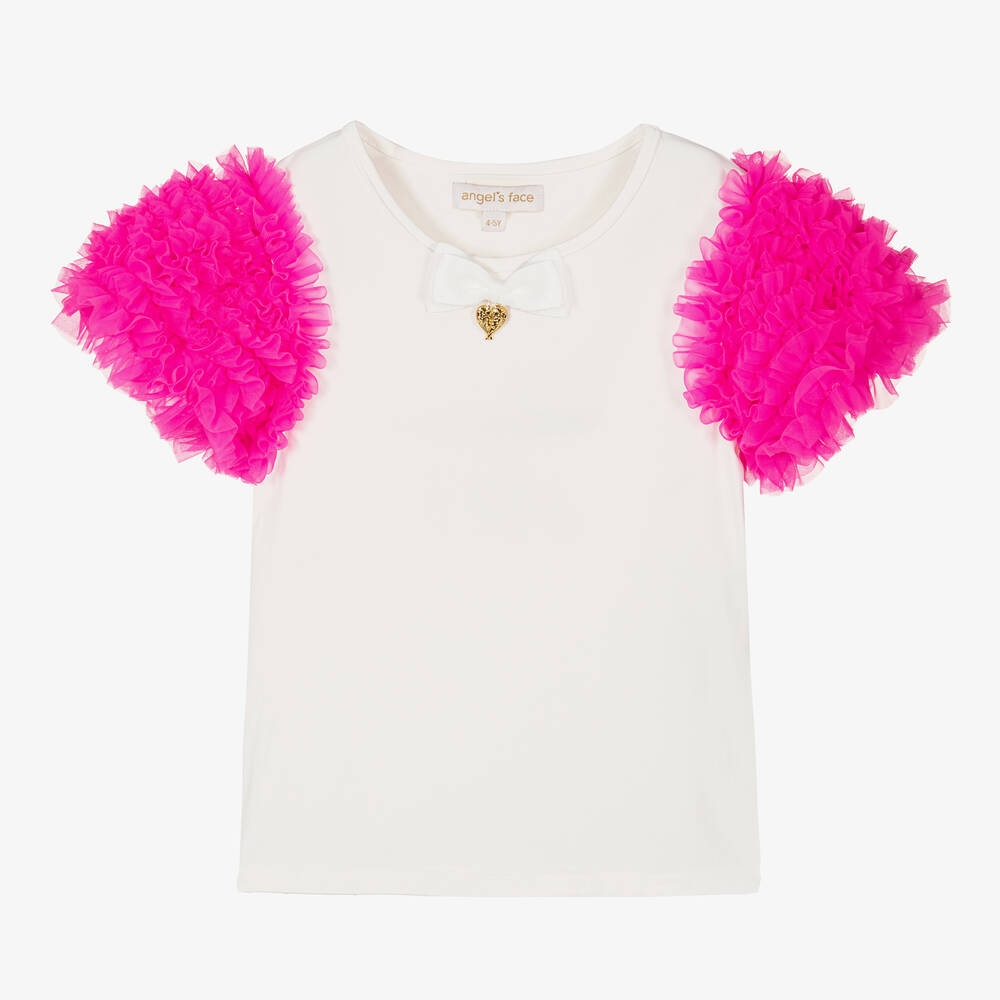 Angel's Face - Girls White & Neon Pink Tulle T-Shirt | Childrensalon