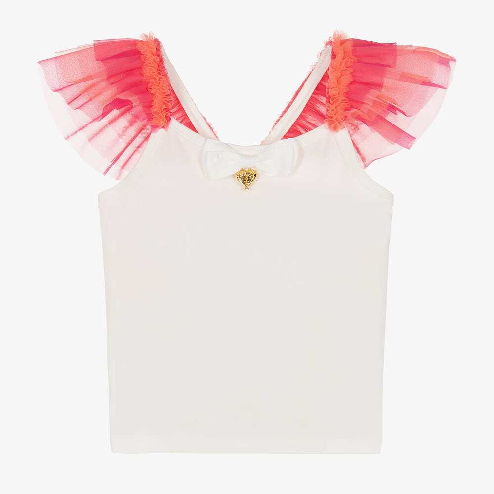 Angel's Face - Girls White & Pink Tulle Ruffle Top | Childrensalon