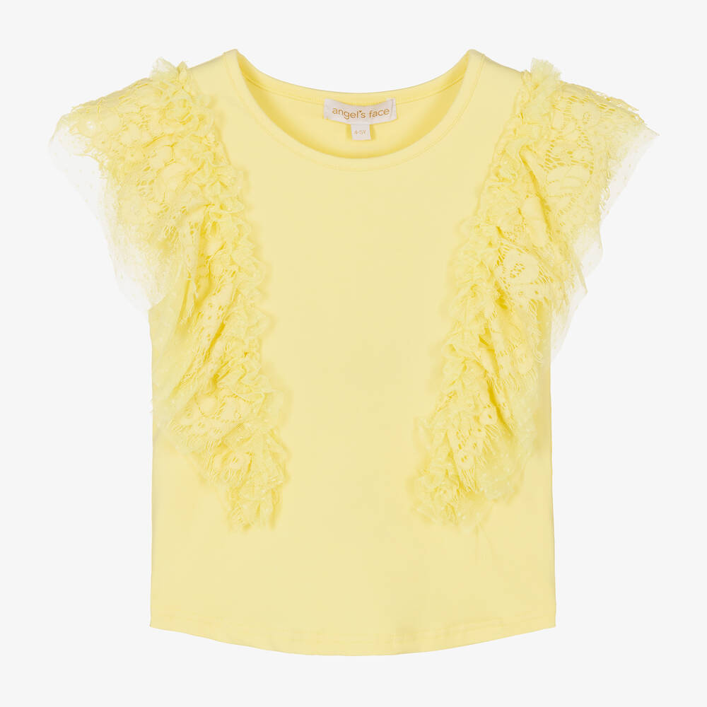 Angel's Face - Girls Yellow Lace & Tulle Sleeve T-Shirt | Childrensalon
