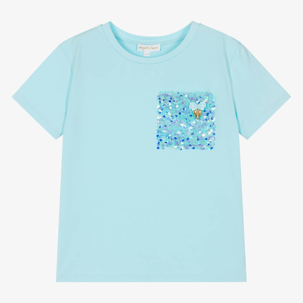 Angel's Face - Teen Girls Blue Cotton Sequin T-Shirt | Childrensalon