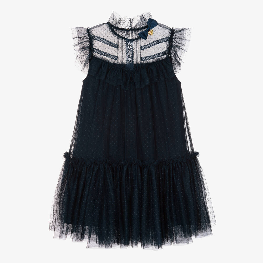 Angel's Face - Teen Girls Navy Blue Dotted Tulle Dress | Childrensalon